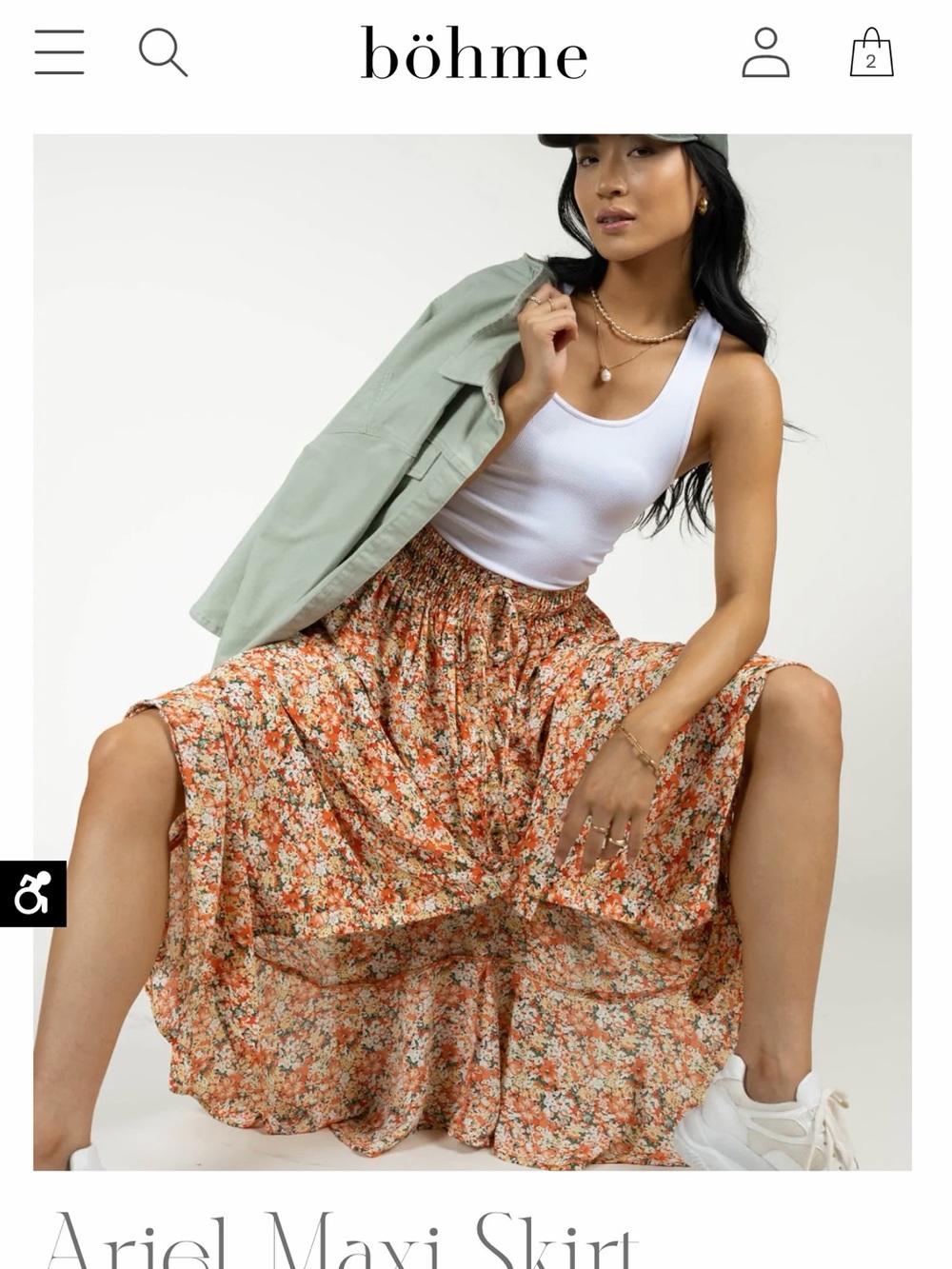 bohme Orange Floral Tiered Maxi Skirt